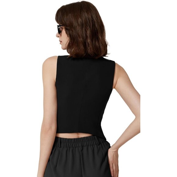 Women's Black V Neck Vest Top Sleeveless Button Down Fully Lined Solid Crop Tops - Picture 2 of 6